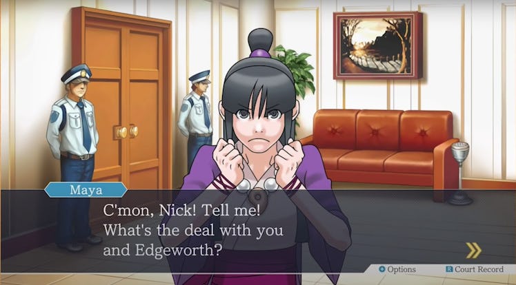Maya speaking with Phoenix Wright while being very angry in the waiting room in the 4th episode of t...