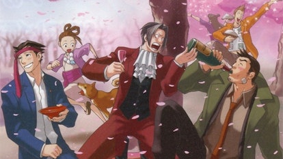 Official art showing Phoenix and Miles while they are drinking and having fun with their friends