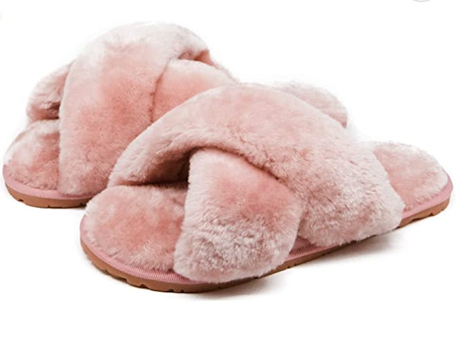 CRAZY LADY Fuzzy Cross Band House Slippers