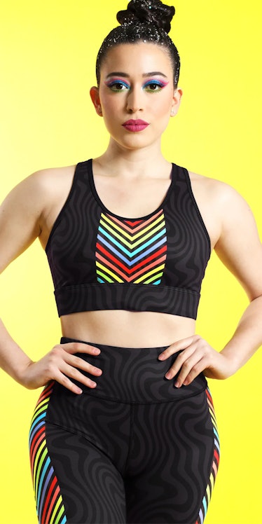 a black light friendly sports bra from activewear bra Miami Fitwear, a brand that supports LGBTQ+ co...