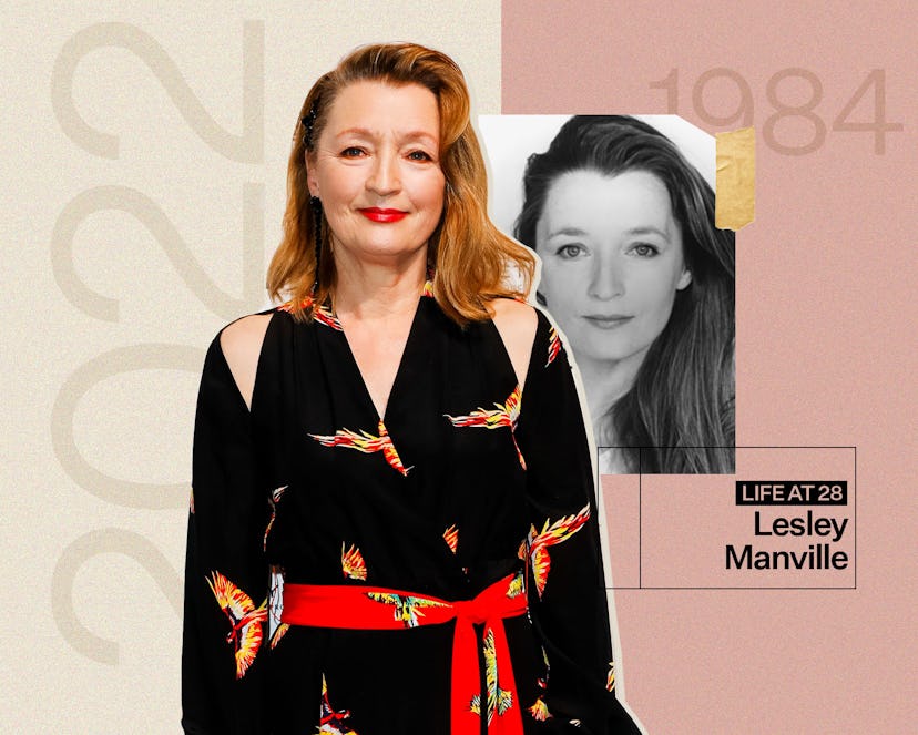 Lesley Manville in 1984 next to a picture of her in 2022 in a patterned black outfit with a red sash