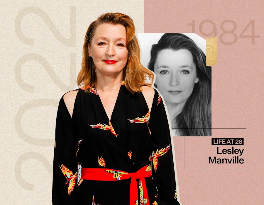 Lesley Manville in 1984 next to a picture of her in 2022 in a patterned black outfit with a red sash