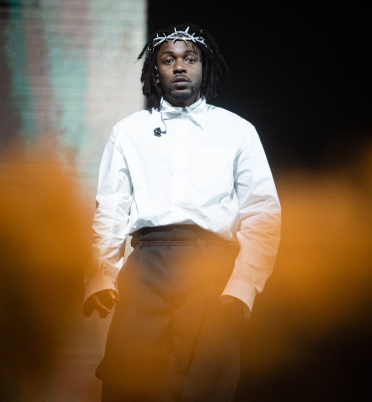 Kendrick Lamar performs as he headlines the Pyramid Stage during day five of Glastonbury Festival at...