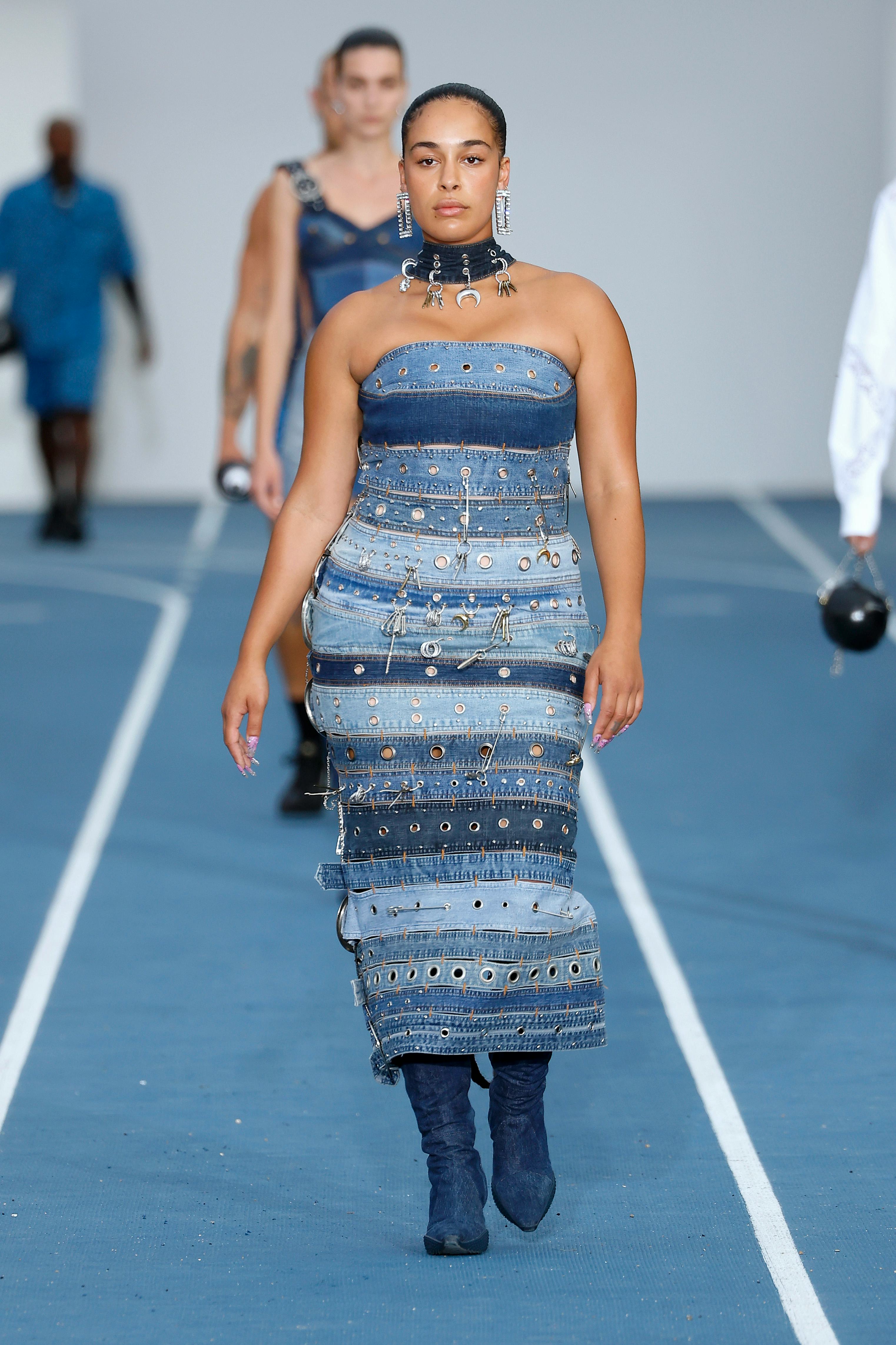 Jorja Smith wearing denim on the Marine Serre spring 2023 menswear runway