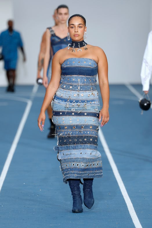 Jorja Smith wearing denim on the Marine Serre spring 2023 menswear runway