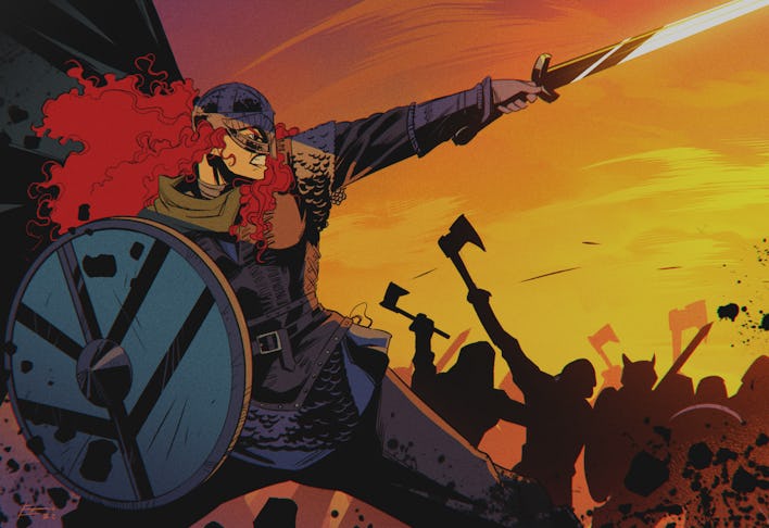 A shield maiden Viking woman on fighting in battle field from a comic book