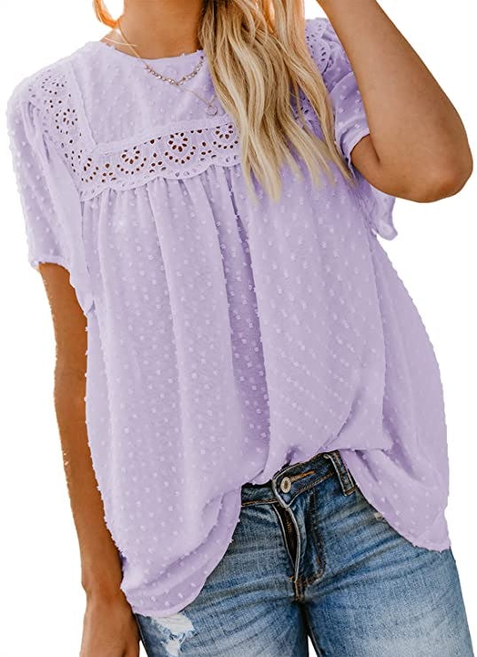 Dokotoo Lace Crochet Pom Pom Flowy Short Sleeve Blouse