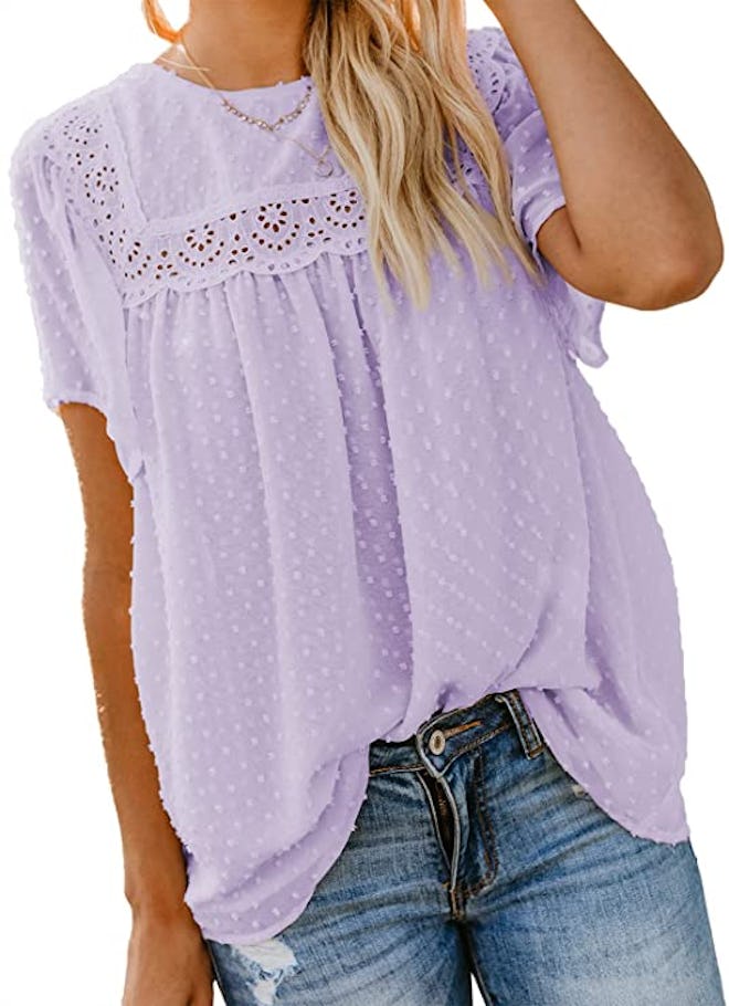 Dokotoo Lace Crochet Pom Pom Flowy Short Sleeve Blouse