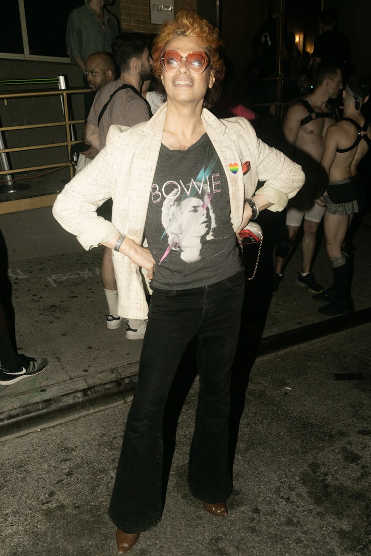 A person wearing a David Bowie t-shirt at a Pride celebration