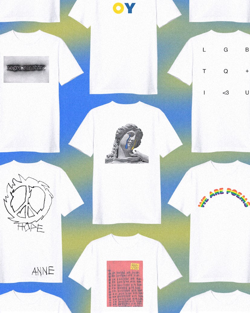 an assortment of white T-shirts featuring illustrations and prints by different artists