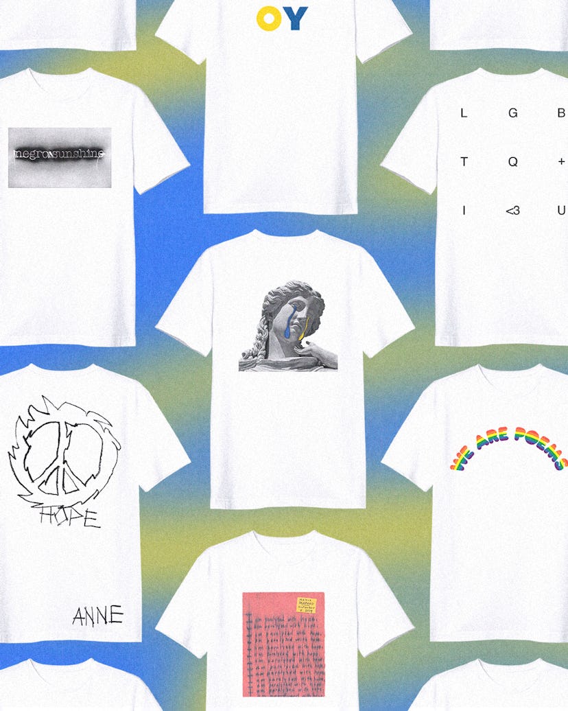 an assortment of white T-shirts featuring illustrations and prints by different artists