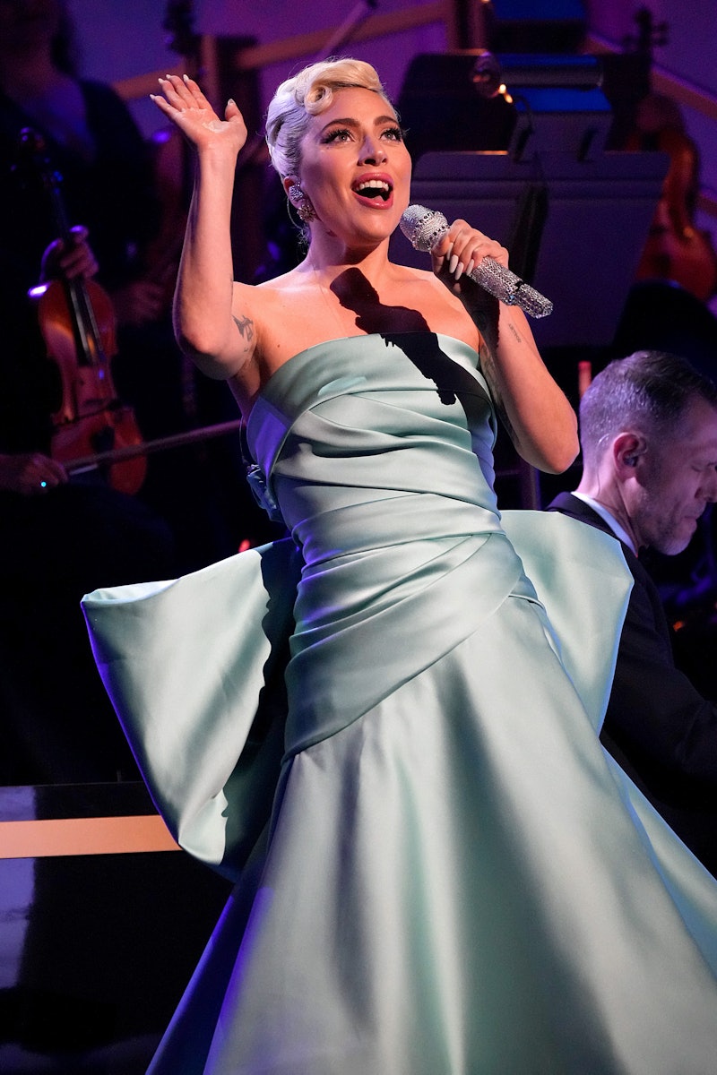 Lady Gaga performing at the 2022 Grammys in Las Vegas