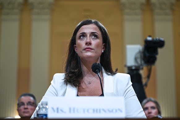 Cassidy Hutchinson, a top former aide to Trump White House Chief of Staff Mark Meadows, testifies du...