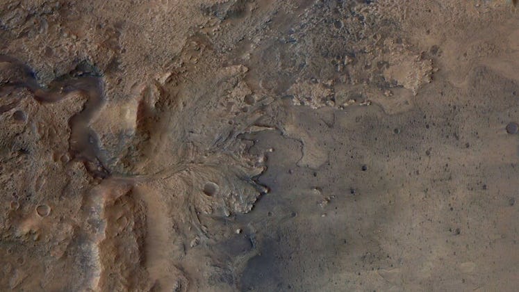 Satellite view of a fan-shaped deposit of sediment on a Martian plain