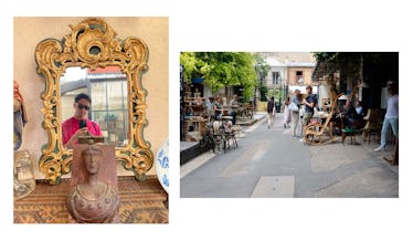 Paul shopping at an antiques market in Paris, taking a selfie in a mirror.