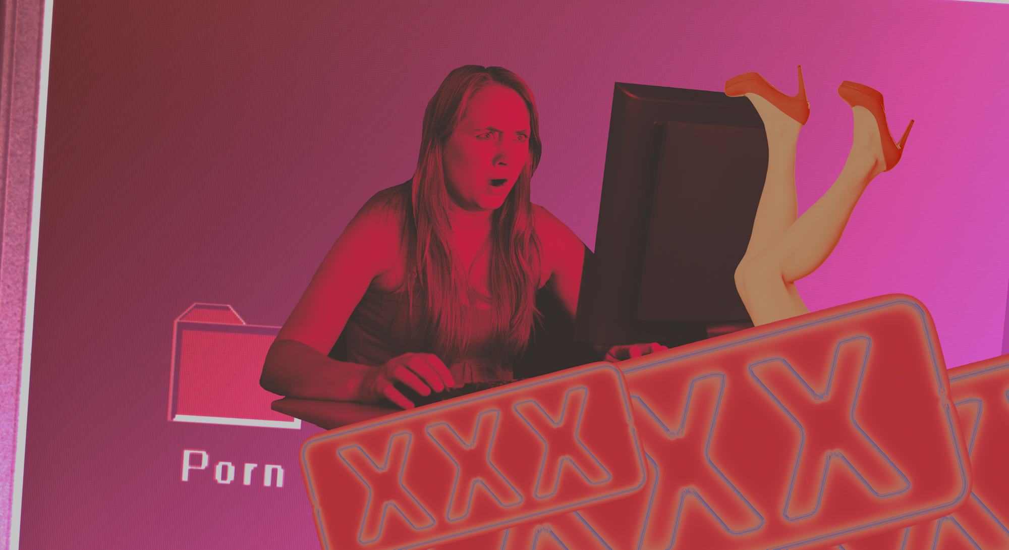 Photo illustration of woman horrified by online porn discovery