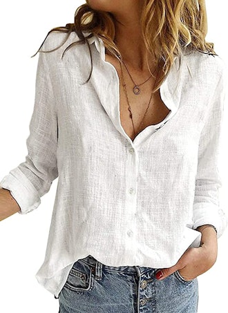 Astylish Women's V-Neck Roll-up Sleeve Button-Down