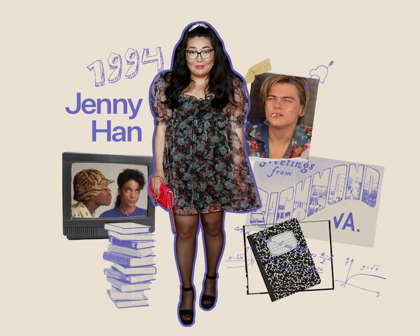 American author Jenny Han next to stacked books and a 1994 sign in an abstract collage