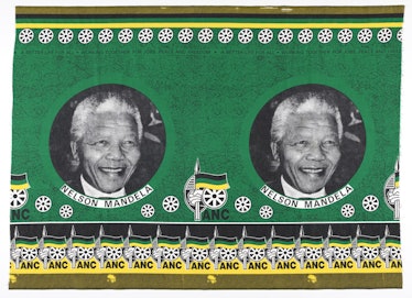 a green and yellow printed cloth with Nelson Mandela's face on it