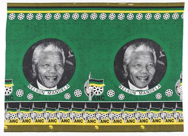 Meet the African Designers Finally Getting Their Due at the V&A’s New Exhibition 4 a green and yellow printed cloth with Nelson Mandela's face on it