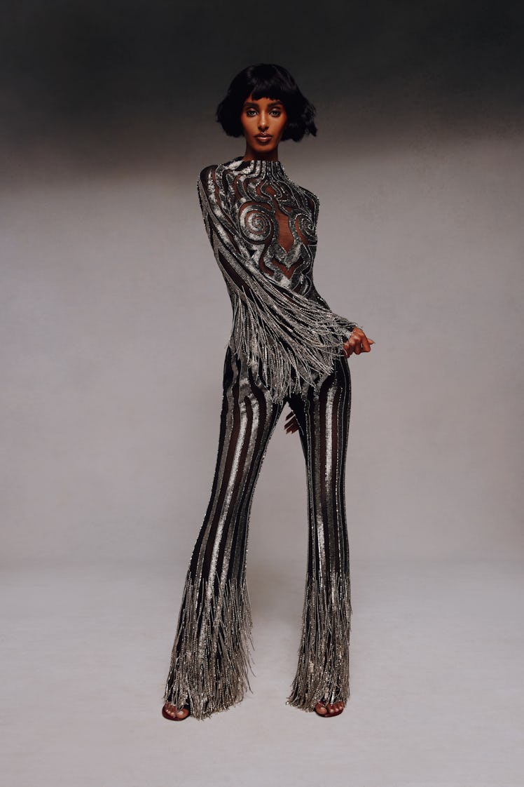 Model on the NY Fashion Week Fall 2022 in an Aliétte silver and black jumpsuit