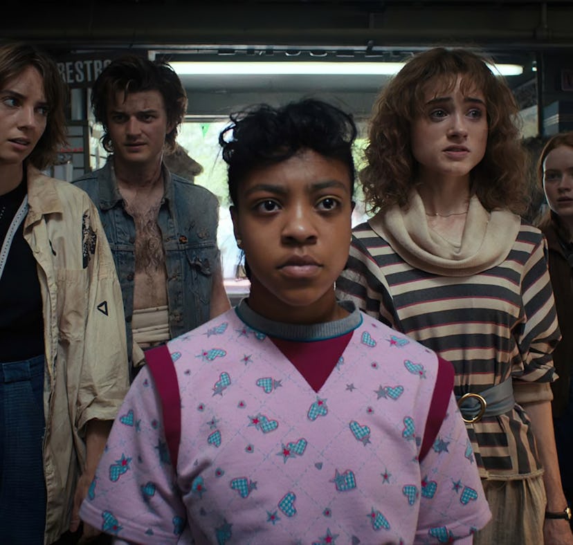 Priah Ferguson as Erica, Natalia Dyer as Nancy, Maya Hawke as Robin in Stranger Things 4
