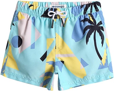 Not all swimsuits for toddler boys have dinos and sharks; these retro print trunks are proof.