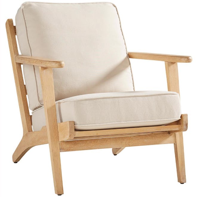 Kyra Mid Century Beige Performance Brown Oak Wood Outdoor Lounge Arm Chair