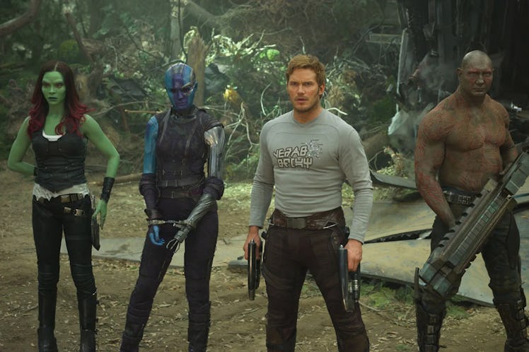 Zoe Saldaña, Karen Gillan, Chris Pratt, and Dave Bautista in Guardians of the Galaxy Vol. 2