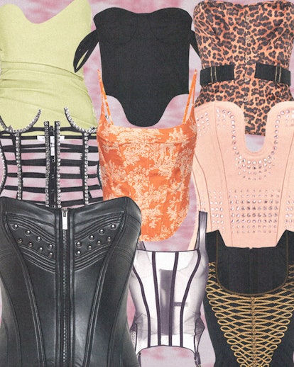 a collage of different corset-style tops in a variety of colors and prints