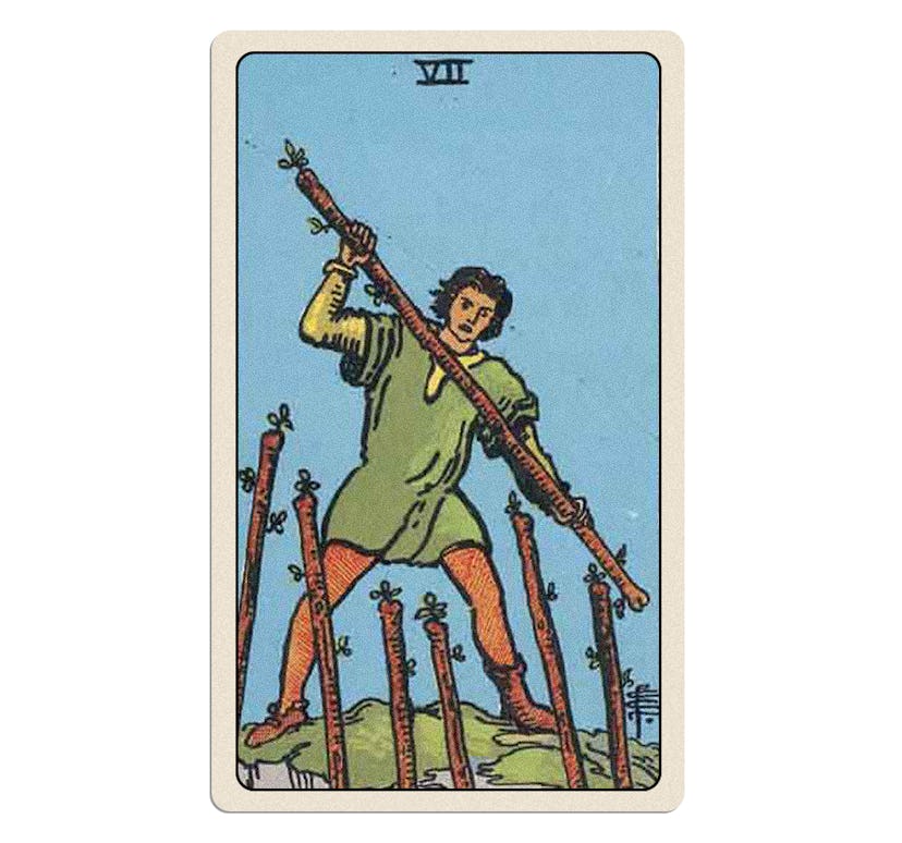 The seven of wands in the Rider-Waite tarot deck.
