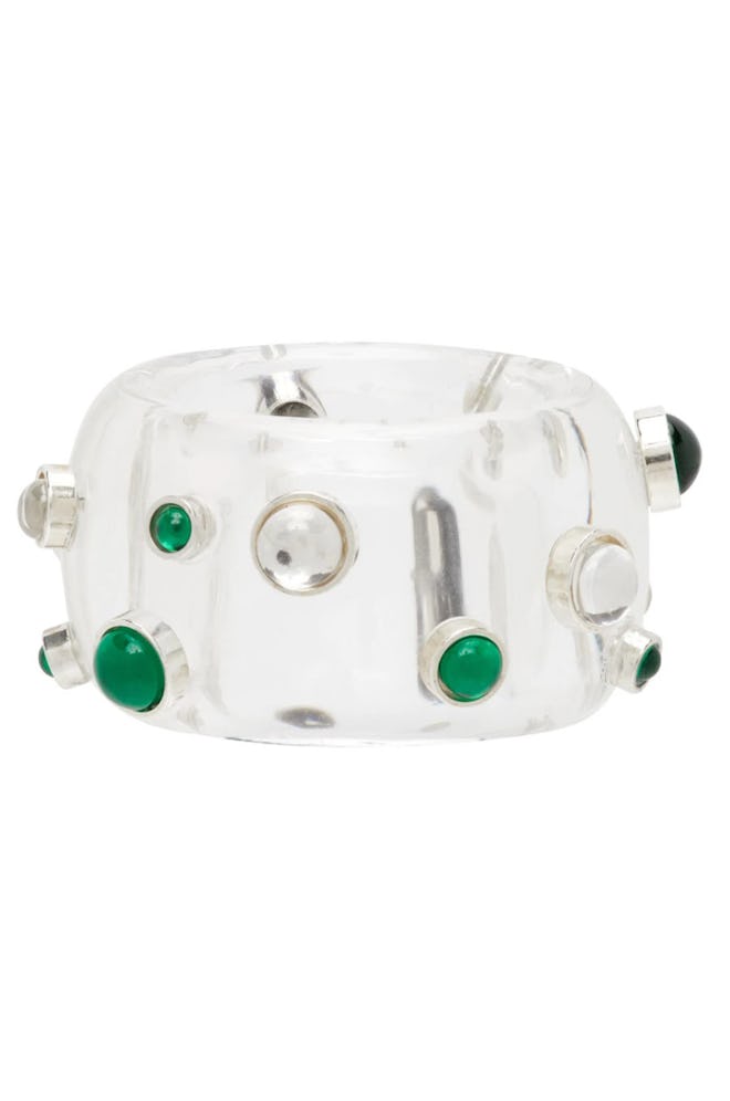 clear resin ring with glass green and transparent stones inlayed from bottega veneta