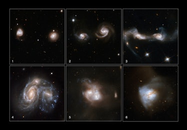 Six photos depict pairs of galaxies at different stages of merging.