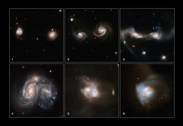 Six photos depict pairs of galaxies at different stages of merging.