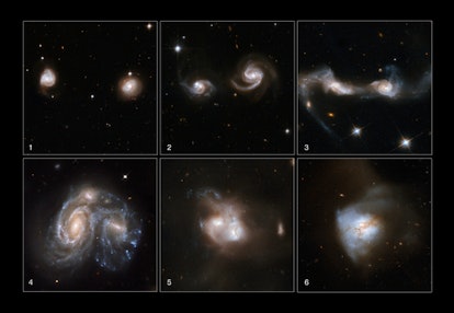 Six photos depict pairs of galaxies at different stages of merging.