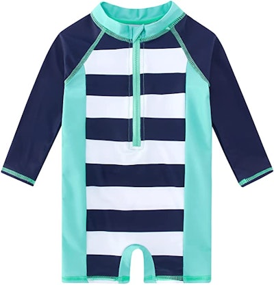 Swimsuits for toddlers should provide protection from the sun, like this long-sleeve wetsuit.