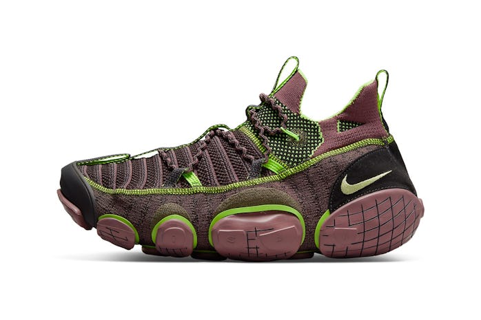 Nike ISPA Link sneaker in burgundy and neon green, with three detachable components