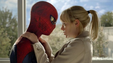 Andrew Garfield and Emma Stone about to kiss in the Spider-Man movie