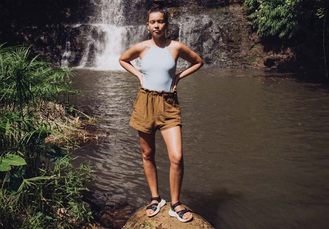 model wearing zymic sandals from teva