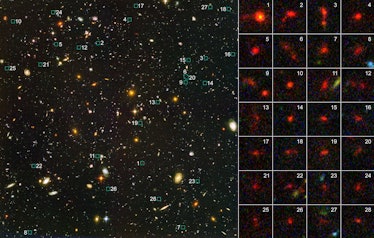 Photo of dozens of galaxies against the blackness of space