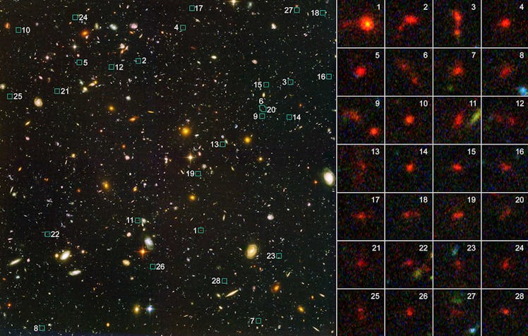 Photo of dozens of galaxies against the blackness of space