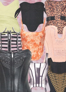 a collage of corset-style tops in various colors and prints