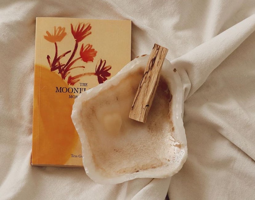 Palo Santo stick in a large shell with a book on a sheet