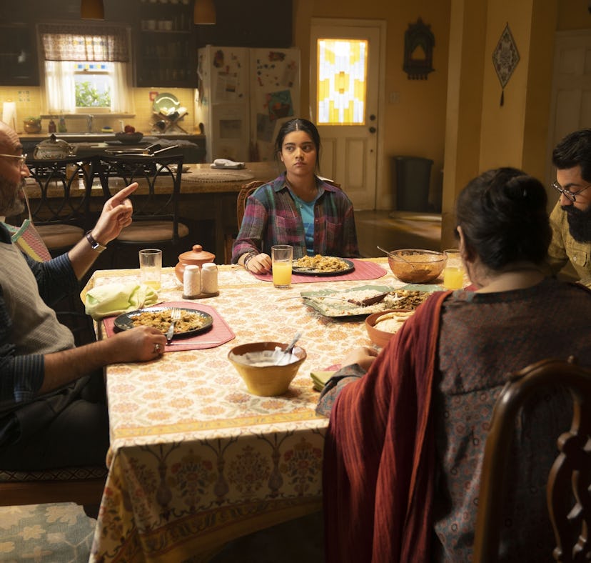 Iman Vellani as Kamala Khan, Zenobia Shroff as Muneeba Khan and Mohan Kapur as Yusuf Khan in Ms. Mar...