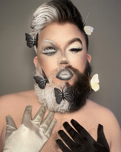 Zak Taylor, beauty influencer and member of Elite Daily's Beauty Court, wears a black and white make...