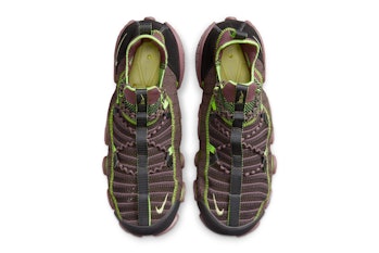Bird's eye view of the Nike ISPA Link sneaker in burgundy and neon green