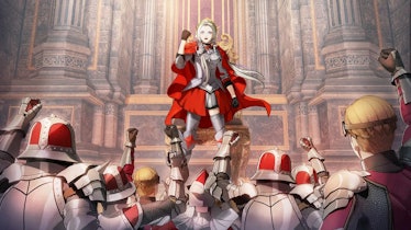 A female blonde character in Fire Emblem Three Hopes wearing armor and raising her fist in front of ...