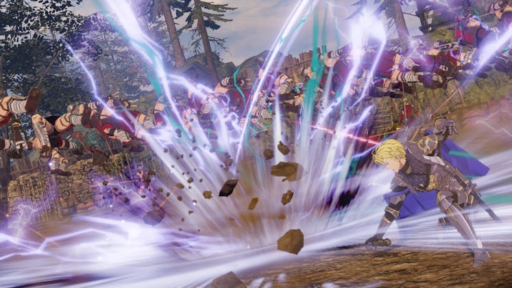 A scene from Fire Emblem Three Hopes with a character punching the ground and lightning rods coming ...