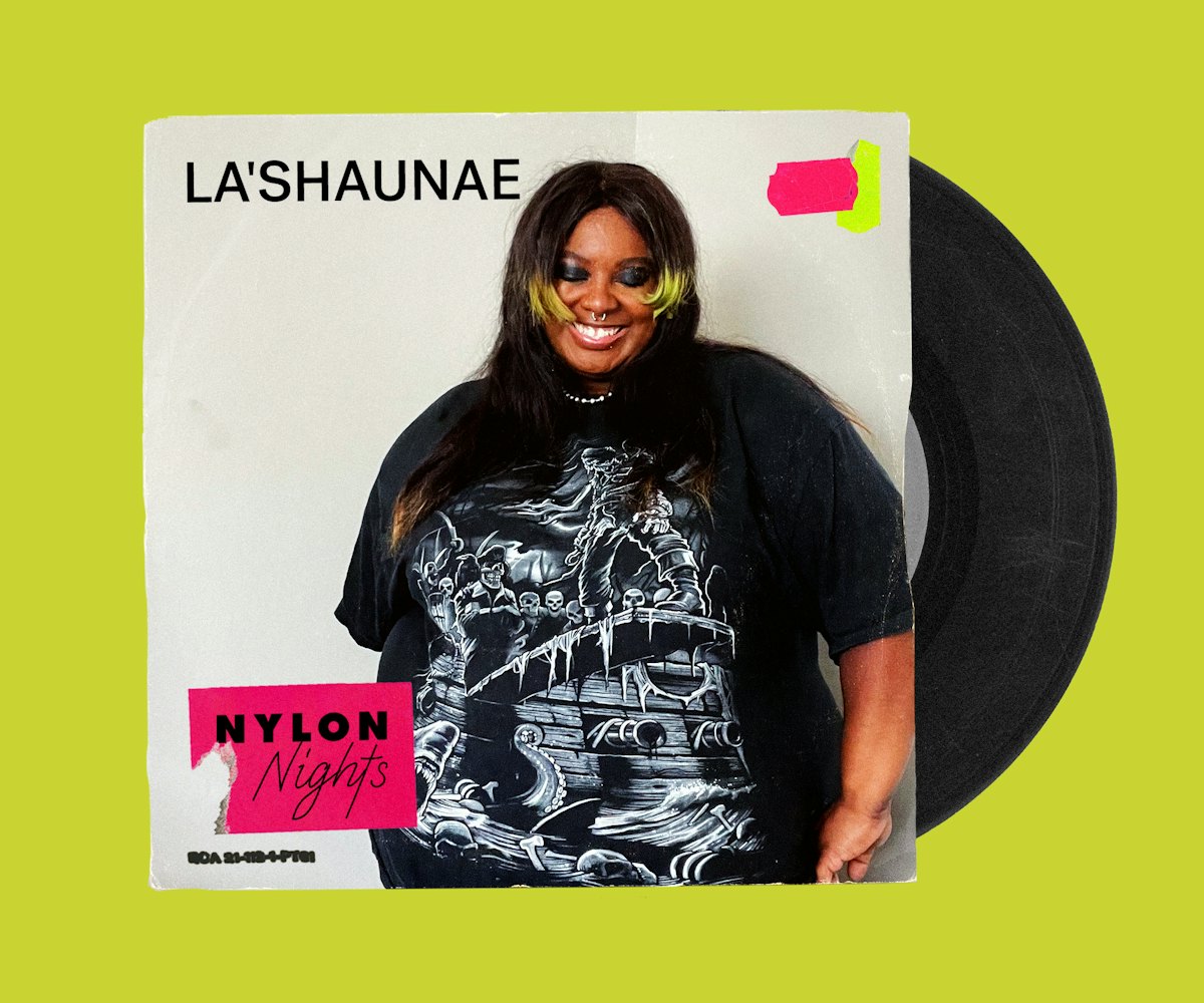 Model La'Shaunae on a record cover signalling her music taste
