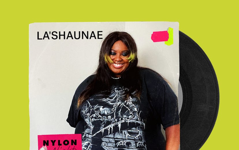 Model La'Shaunae on a record cover signalling her music taste